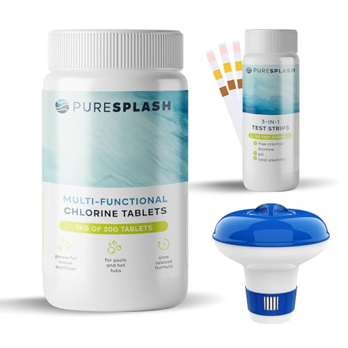 𝐏𝐔𝐑𝐄 𝐒𝐏𝐋𝐀𝐒𝐇! 1kg Chlorine Tablets w/Dispenser & Test Strips – Complete 4-in-1 Hot Tub & Pool Maintenance Kit for Inflatable, Paddling, Above-Ground Pools | Sanitiser, Clarifier, Algaecide