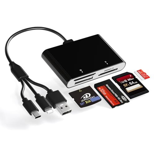 Lettore di schede Memory Stick Pro Duo, lettore di schede 4 in 1 SD/TF/MS/XD con Lightning+USB A+USB C, lettore multi-scheda con supporto OTG, trasferimento dati veloce