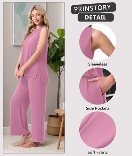 Image of PrinStory Womens Pajamas Sets 2 Piece Soft Pjs for Women Sleeveless Pajama Set Summer Loungewear with Pockets