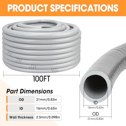 100FT Liquid-Tight Conduit and Connector Kit, 1/2 Flexible Non Metallic Electrical Conduit with 5 Straight and 3 Angle Fittings, PVC Conduit