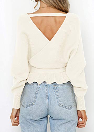 ZESICA Women's Fall 2025 Wrap V Neck Long Batwing Sleeve Belted Waist Ruffle Knitted Sweater Pullover Top3