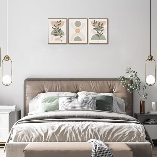 Bwodke Boho Wall Art, Framed Abstract Wall Art, Green Botanical Neutral Canvas Wall Decor, Large Mid Century Plant Pictures Set of 3, Modern Minimalist Paintings, for Bedroom Living Room Bathroom - Image 5