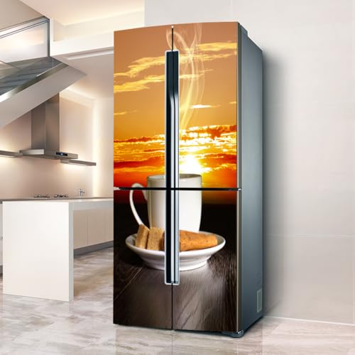 Calcomanías para refrigerador, pegatinas de nevera puerta de cubierta completa decoración de refrigerador, pegatinas de pared de piel congelada para pegatina de cocina, taza de café al atardecer