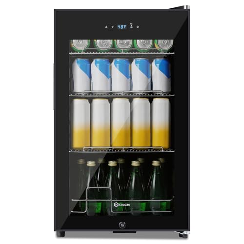 COLOZO 17 Inch Black Beverage Refrigerator Cooler, 96 Cans Mini Fridge with Glass Door&Lock, Beer Fridge for Soda Water or Wine, Drink Refrigerator for Home Office Bar Bedroom