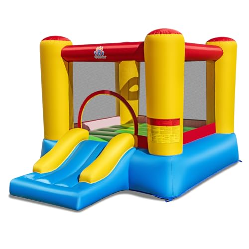 COSTWAY Kids Bouncy Castle Inflatable Bounce House with Slide Basketball Hoop Carrying Bag and Repair Kit Children Blow Up Jumper for Indoor Outdoor (Basic without Blower)