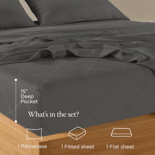 Image of Threadmill 300TC Cotton Twin XL Sheet Set, Sateen, Jacquard, Dark Grey | 100% Cotton, Sateen Weave, Jacquard Pattern, 3-Piece Set, 16 inch Deep Pocket, Cooling, Breathable, OEKO-TEX Certified