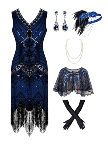 872AS - Plus Size 1920s Vintage Fringed Gatsby Sequin Beaded Tassels Hem Flapper Party Prom Cocktail Dress with Accessories Shrug Cape Shawl (Blue Black, 4X)