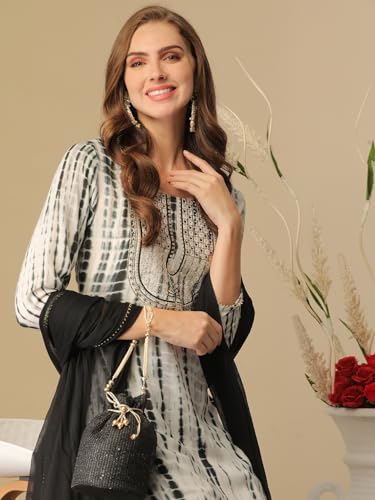 Image of GoSriKi Women's Rayon Blend Straight Printed Kurta with Pant & Dupatta