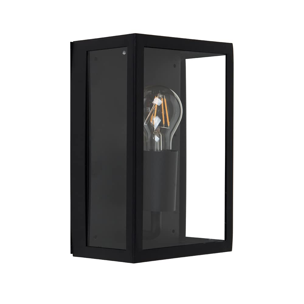 MiniSun | Modern IP44 Rated Black & Glass Rectangular Outdoor Security Wall Light Lantern | Outdoor Wall Lights, Home Décor & Improvement Essential | Mains Wired