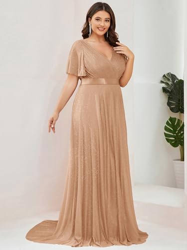Image of Ever-Pretty Plus Women's Glitter Formal Dress Evening Gown for Gala V-Neck Short Sleeve Floor Length Plus Size Prom Dresses