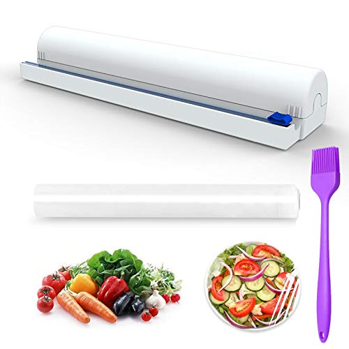 Household Plastic Wrap Dispenser with Cutter-Refillable Cling Film Dispenser with Cutter-Cling wrap Dispenser with Cutter - Maximum Replace Roll 12 Inch X 100 Ft, 1 BPA Free Plastic Wrap Included