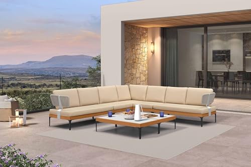 Image of PURPLE LEAF Patio Furniture Set Outdoor Sectional Sofa with Coffee Table Fade-Resistant Cushions Wicker L-Shaped 9 Pieces Aluminum Conversation Sets for Balcony Yard Garden Poolside, Khaki