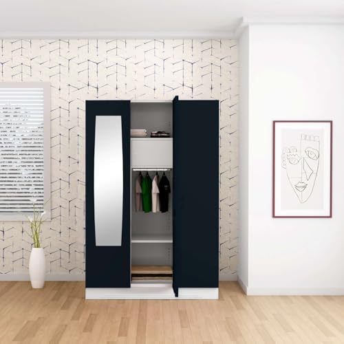 Image of Interio by Godrej Almirah Slimline 3-Door Steel Almirah, Cupboard for Clothes (Pacific Blue), 1-Year Warranty, 7 Shelves, 1 Locker, Star Design Mirror