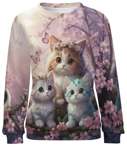 WINKEEY Damen Sweatshirt mit Katzenmuster Katze Langarmshirt Süße Tier Drucken Sweatshirt Damen Ohne Kapuze Lustige Pullover,Katze9 XL