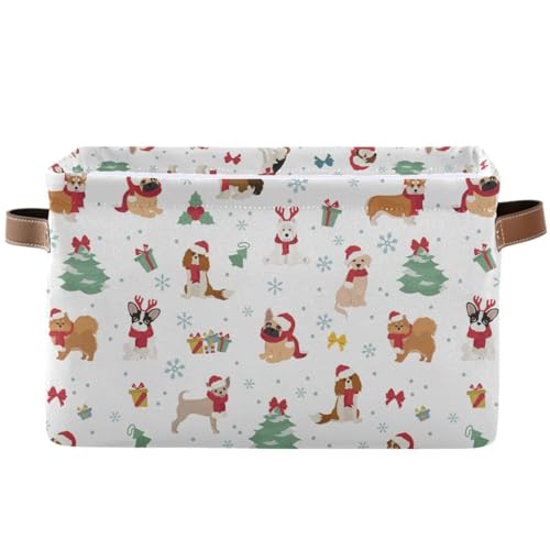 Pfrewn Christmas Winter Storage Basket Dog in Santa Hats and Scarves Collapsible Rectangular Storage Boxes Organizer Shelf Basket Toy Book Storage Bin for Nursery 1 Pack