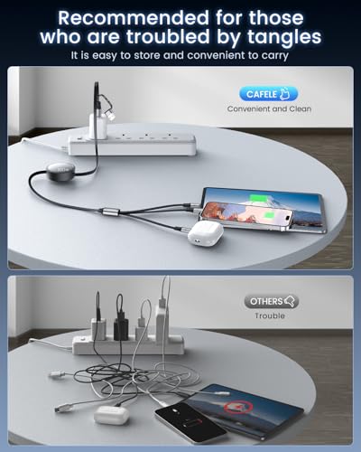 Image of CAFELE Retractable Charging Cable, 100W USB C Fast Charger Cable 3 in 1 with [30-130cm] Adjustable Length, Multi-Port Cord for Laptop, Phone, Car, Travel - PD3.1 /QC5.0（Grey）