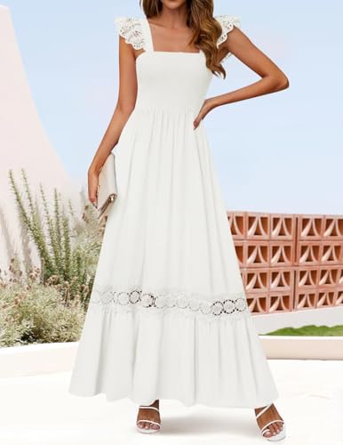 ZESICA Women's 2025 Summer Lace Strap Sleeveless Square Neck Smocked High Waist Ruffle Hollow Out Flowy A Line Maxi Dress4