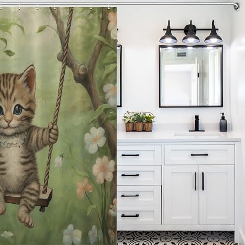 Rideau de douche imperméable chat mignon 168x183 cm pour salle de bain