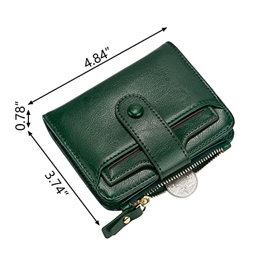 Image of Women's RFID Mini Soft Leather Bifold Wallet With ID Window Card Sleeve Coin Purse, Waxed Green, Modern