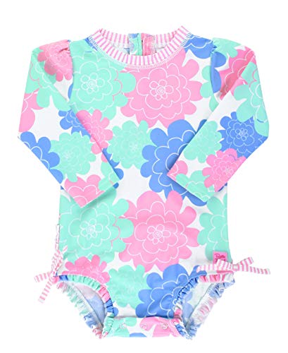 Image of RuffleButts Baby Girls UPF 50+ Sun Protection Floral Printed Long Sleeve One Piece Rash Guard Swimsuit with Zipper