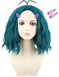 morvally Blue Green Costume Wig with Hairpins for Women Short Wavy Blue Green Wig Fun Anime Cosplay Halloween Wig (Adults)