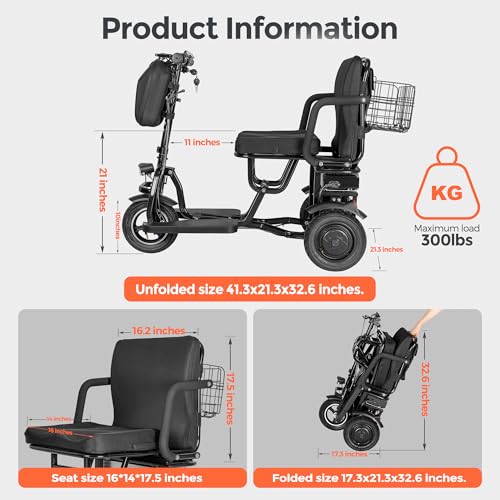 ChiefCarOfficer 3 Wheel Mobility Scooter for Adults 300 lbs Foldable Air Travel Airline Approved Folding Handicap Mobility Scooter for Seniors Lightweight Collapsible Electric Mobility Scooters Adults