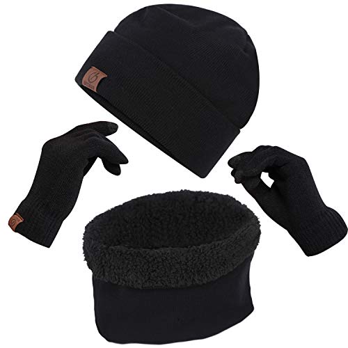BeCann Winter Beanie Hats Scarf Touch Screen Gloves 3 Pieces Large Hat Scarf Gloves Set Thick Knit Skull Cap for Men Women (Black)