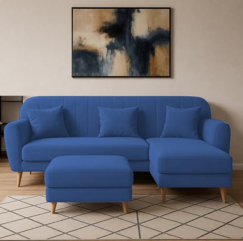 Image of Atticus RHS 4 Seater L Shape Sofa Set with Ottoman for Living Room (Blue Fabric) Premium Fabric Sofa Set