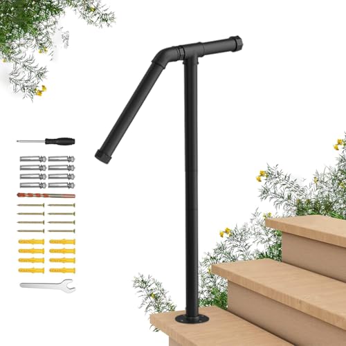 REASOR Outdoor Stair Railing Handrail for 1-2 Steps, Single Post Wrought Iron Rail for Concrete or Wooden Stairs, Black Powder Coated, 25mm Diameter, Supports Up to 100kg