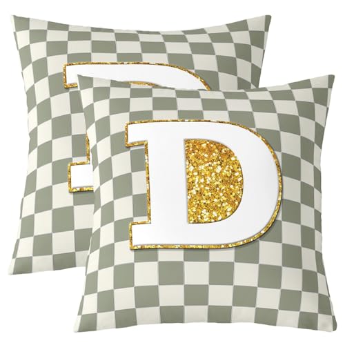 Image of Erosebridal Sage Green Checkered Throw Pillow Covers 16x16 Set of 2 Plaid Initial D Cushion Cover Personalized Monogram Throw Pillow Case for Bed Couch Sofa Fashion Grids Gingham Home Decor