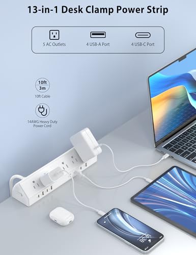 Image of Jgstkcity Desk Clamp Power Strip USB C 65W,8 USB,10FT Cable,White | 4 USB-C Ports,Fit 1.96'' Tabletop,1875W Extension Cord,ETL Listed,Outlet Extender Desk Organizer,Office,Gaming,Dorm