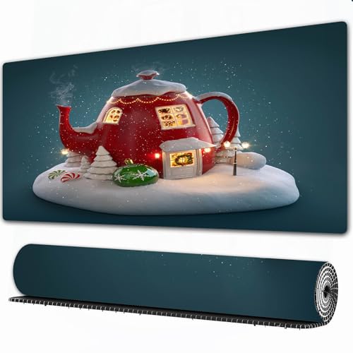 Preisvergleich Produktbild FEHWI Mauspad 80×30 cm Verlängertes großes Mauspad Schreibtischauflage,Wunderschönes, weihnachtlich dekoriertes Feenhaus in Form eines Kessels mit,genähte Kanten Gaming Mauspad,rutschfeste Gummibasis