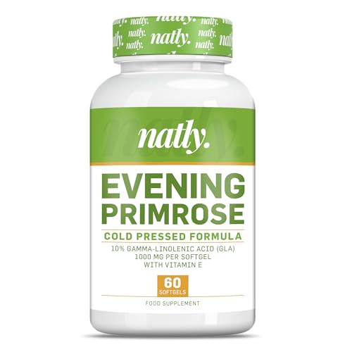 NATLY ACEITE DE ONAGRA 1000 mg 60 Perlas • Evening Primrose Oil con GLA y Vitamina E • Ácidos Grasos Esenciales Omega-6 • Piel, Hormonas y Bienestar Femenino