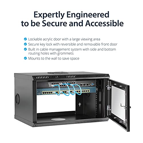 Image of StarTech 6U Wall-Mount Cabinet, 19in, 2-Post, 11in Deep, 110lb (RK619WALL) | Enclosed locking server rack kit for data equipment, Max depth 11.2in, Heavy-duty steel, Includes 1U shelf