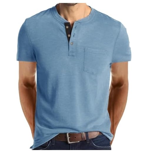 Camisetas masculinas casuais de algodão Henley de manga curta e botões respiráveis com bolso para uso diário, Azul, XGG