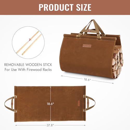 Zettfuly Firewood Carrier with Handles - Waxed Canvas Log Carrier for Firewood, Wood Carrier for Firewood Tote Bag 38x19in, Water Resistant Log Tote Wood Carrying Bag, Wood Stove Accessories, Rust - Thumbnail 2