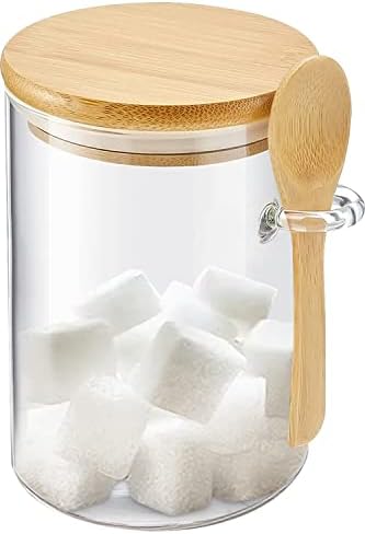 KOIKEY Sugar Jar Glass Salt Container - 15oz Clear Airtight Caning with Bamboo Lid and Spoon Scoop, Storage Overnight Oats, Salts, Coffee Bean, Spice, Creamer, Food Organizer, Pack of 1