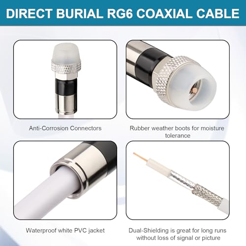 MOOKEERF Coaxial Cable 50FT,RG6 Coaxial Cable with Weatherproof Rubber Boot,Direct Burial 75 Ohm RG6 Extension for Digital TV Aerial,High-Speed Internet,Broadband,Satellite-50 Feet
