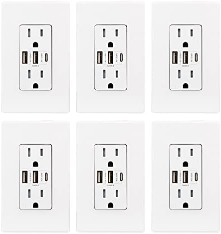 ELEGRP USB Outlets Receptacles, 3-Port USB C Wall Outlet, 30W 6.0A USB Electrical Outlet, 15 Amp Tamper-Resistant Outlet with USB C Ports, UL Listed, Screwless Wall Plate Included, 6 Pack, Matte White