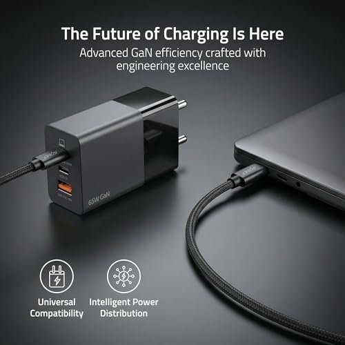 Image of Artis 65 Watt GaN Laptop Adapter with 3 Ampere 1 Meter Braided Cable Included. PD+PPS USB-C & QC USB-A Technology Power Adapter. Universal Compatibility for Laptops, Tablets & Smartphones.