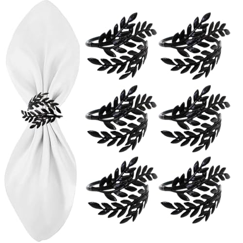Set of 6 Black Leaf Halloween Metal Napkin Ring Holders