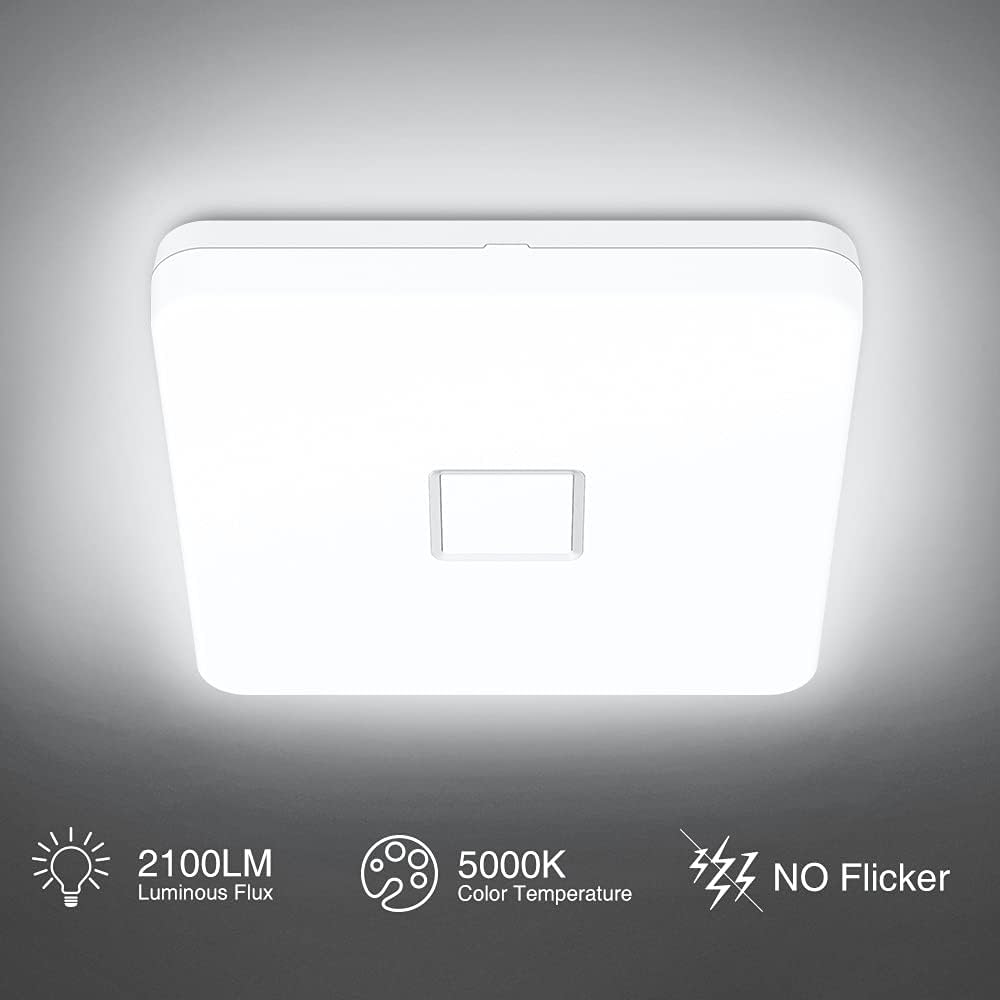 Onforu 24W 2100LM LED Flush Mount Ceiling Light, 11in Square Kitchen Ceiling Light Fixture, Waterproof Shower Ceiling Lamp 5000K Daylight White, 200W Equivalent, 90Ra+ for Hallway Balcony
