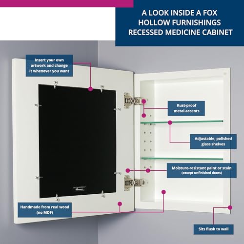 Image of 14x18 Concealed Picture Frame Medicine Cabinet Without Mirror for Bathroom, Recessed in The Wall, Made in North America, Real Wood, NO MDF, Adjustable Shelves, Hidden, White