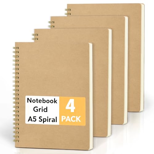 JSQJ Notizbuch A5 Kariert, 4er-Pack Notizheft, 160 Seiten Spiral Notizblock für Schule, Uni, Büro