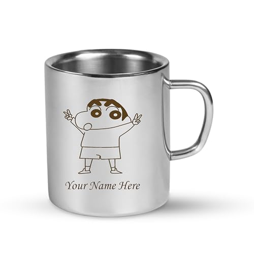 Image of SAVRI Personalized Stainless Steel Mug for Kids with Customized Name Engraved & Cartoon Design | 220 ml Double Wall Insulated Mug for School, Milk, Juice & Water (Shinchan)