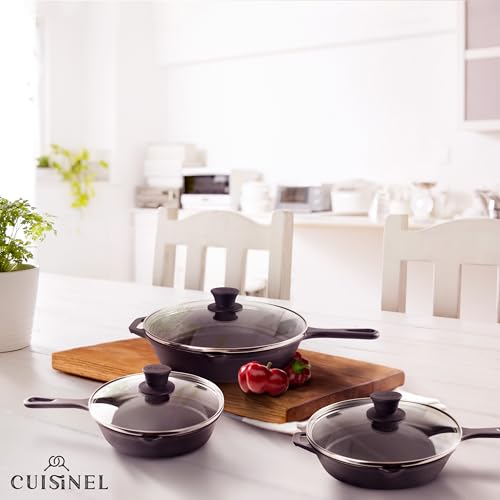 Image of Cuisinel Cast Iron Skillets Set + Glass Lids - 8 inch+10 inch+12 inch-Inch Frying Pans + Silicone Handle Holder Covers - Pre-Seasoned Oven Safe Cookware - Indoor /Outdoor Use - Grill, Stovetop, Camping Fire Safe