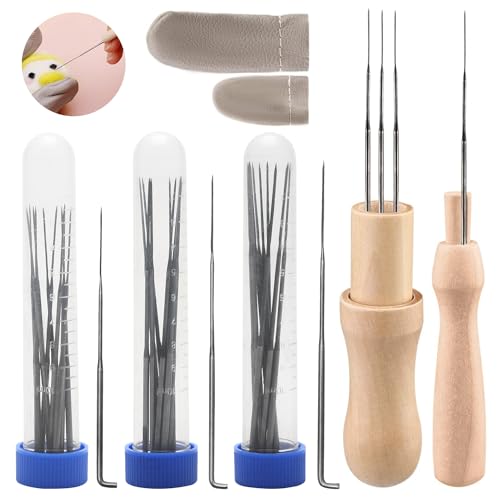 30 Pièces Aiguilles à Feutrer, avec 3 Tailles Feutre Aiguille 2 Poignées en Bois et Protège-Doigts, D'aiguilles en Feutre pour Débutant