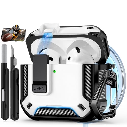 Image of for AirPods 4 Case with Lock & Phone Stand(White) | Automatic Snap Switch Lock,Carbon Fiber Texture Design Cover with Cleaner Kit,Compatible with MagSafe