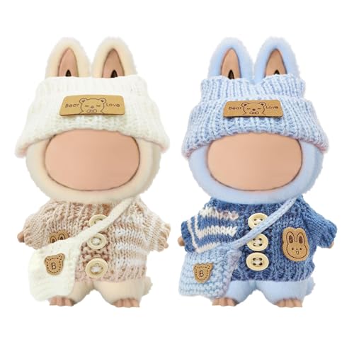 YAUOIPI 6 Piece Doll Clothes 17cm Cute Cartoon Plush Doll Clothes Outfit for Dolls with Hats Clothe and Backpacks Cuddly Dress Up Clothing Set Cute Dolls Accessories (Blue White)