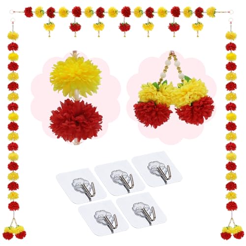 Hindu Fabric Marigold Garland Set - 3PCS 5FT Reusable Artificial Flower Toran for Indian Wedding Decoration Diwali Ganpati Pooja Home Background Wedding Mandap Stage Backdrop Decor Door Wall Hanging